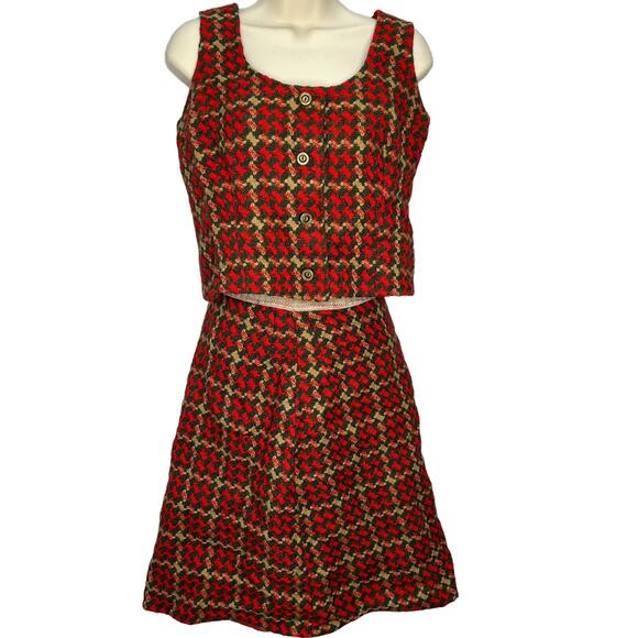 Handmade Dresses & Skirts - Vintage Handmade 2 Piece Outfit Pencil Skirt Cropped Vest Red Green Tweed M/L
